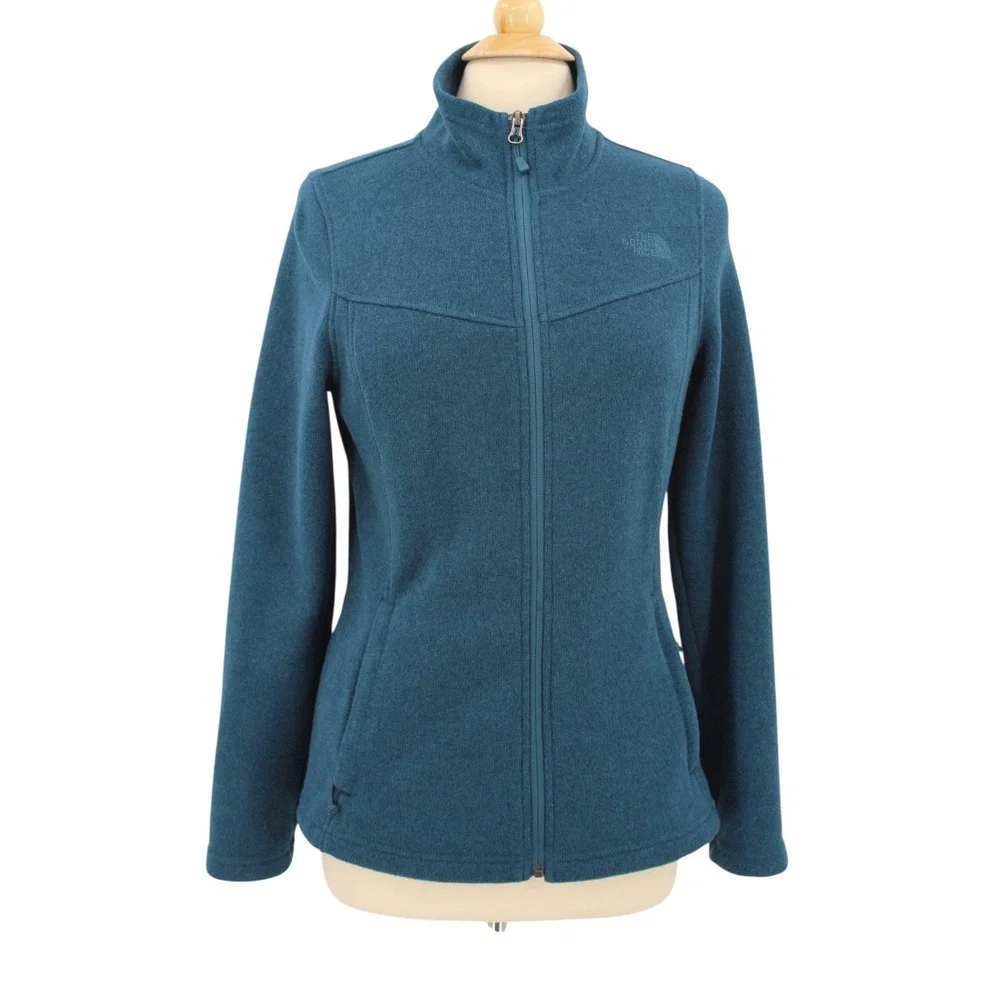 The North Face Knit Fleece Full Zip Jacket Womens Medium Teal Blue Logo NF0A2RFH